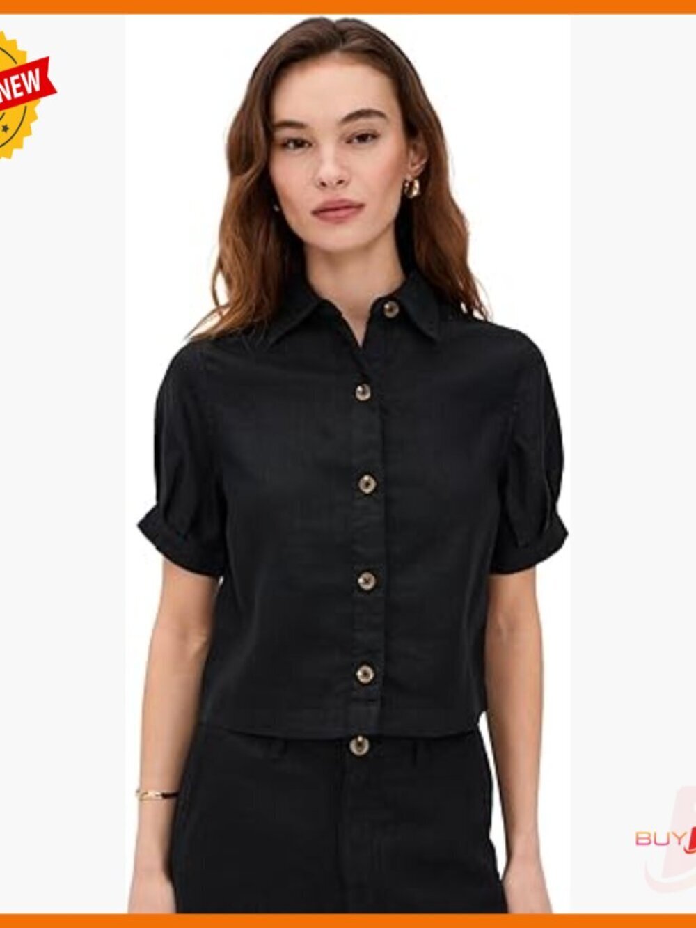 Linen Button-Down Shirt with Puff Sleeves, Size Small